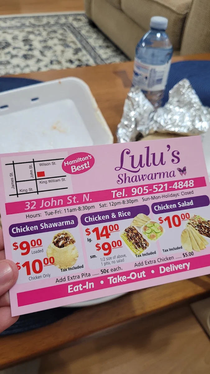Menu, Lulu's Canadian Style Shawarma