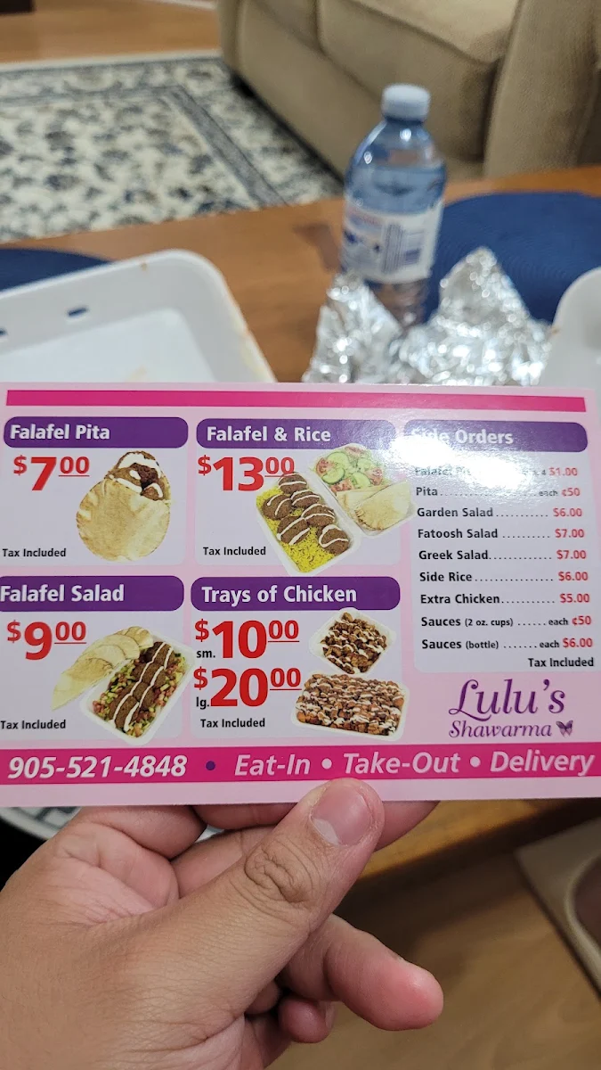 Menu, Lulu's Canadian Style Shawarma