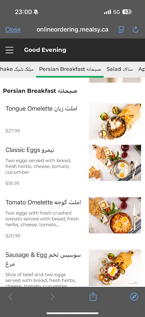 Menu, Roses Cafe Senso