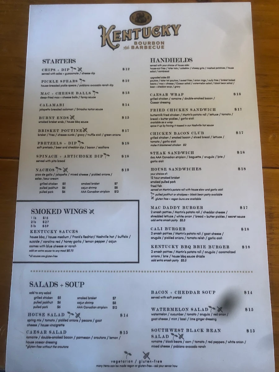 Menu, Kentucky Bourbon & BBQ