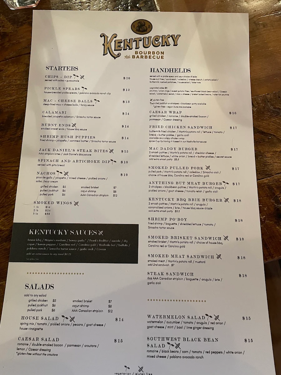 Menu, Kentucky Bourbon & BBQ