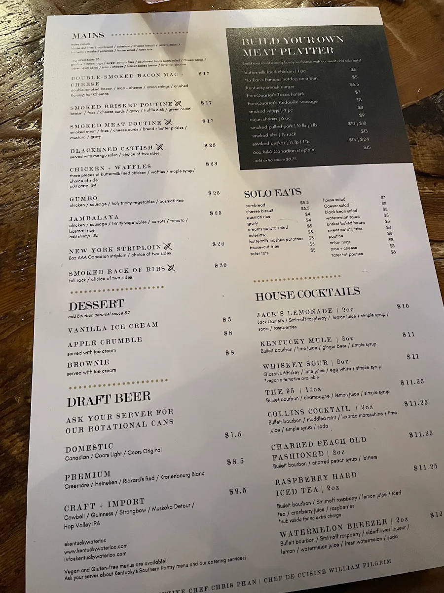 Menu, Kentucky Bourbon & BBQ