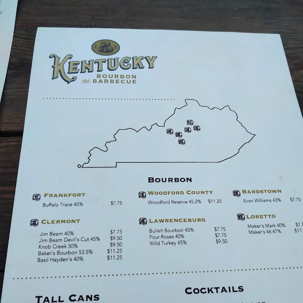 Menu, Kentucky Bourbon & BBQ