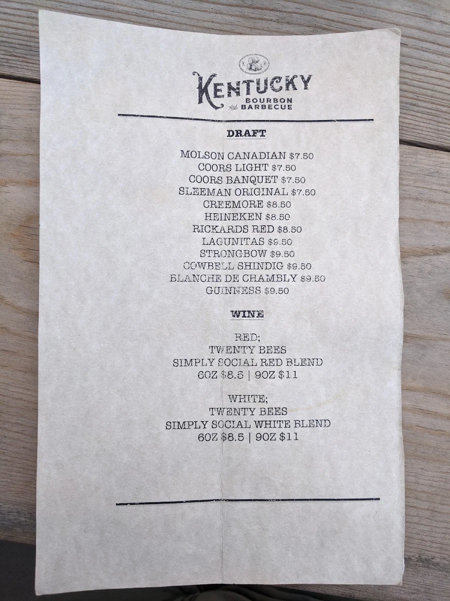 Menu, Kentucky Bourbon & BBQ