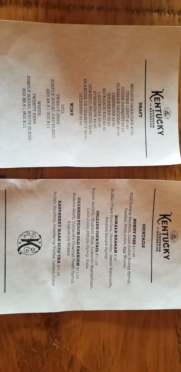 Menu, Kentucky Bourbon & BBQ