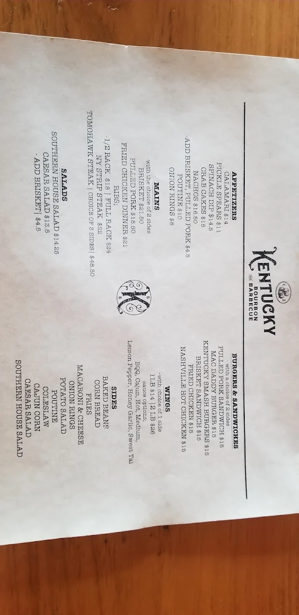 Menu, Kentucky Bourbon & BBQ