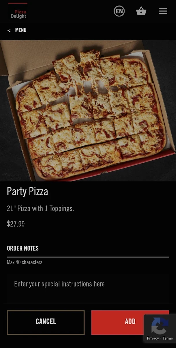 Menu, Pizza Delight
