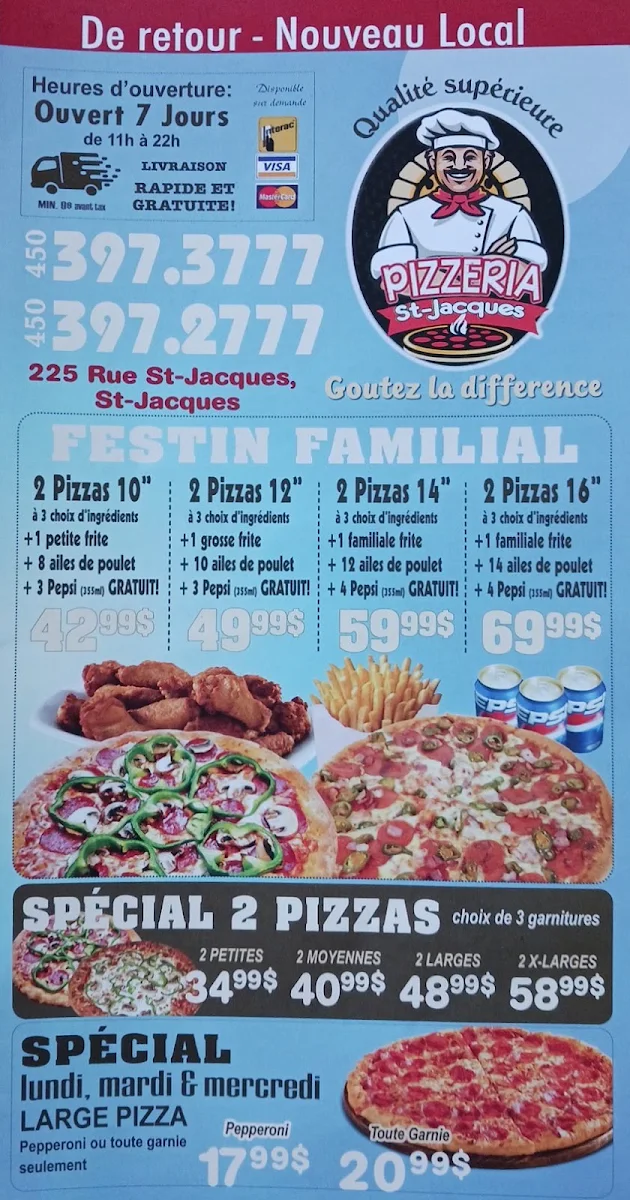 Menu, Pizzeria St-Jacques