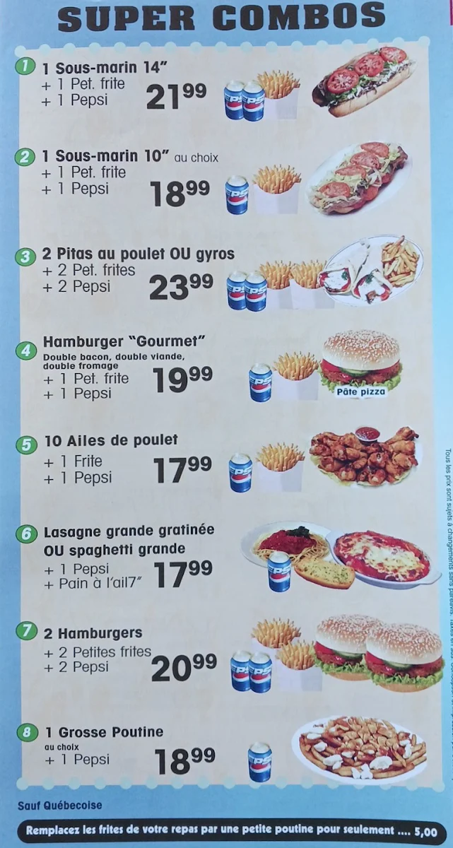 Menu, Pizzeria St-Jacques