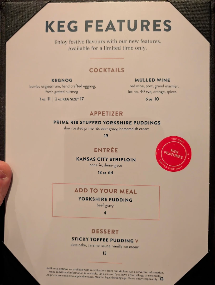 Menu, The Keg Steakhouse + Bar - Brantford