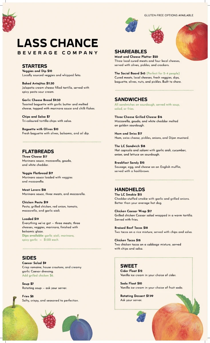 Menu, Lass Chance Beverage Co.