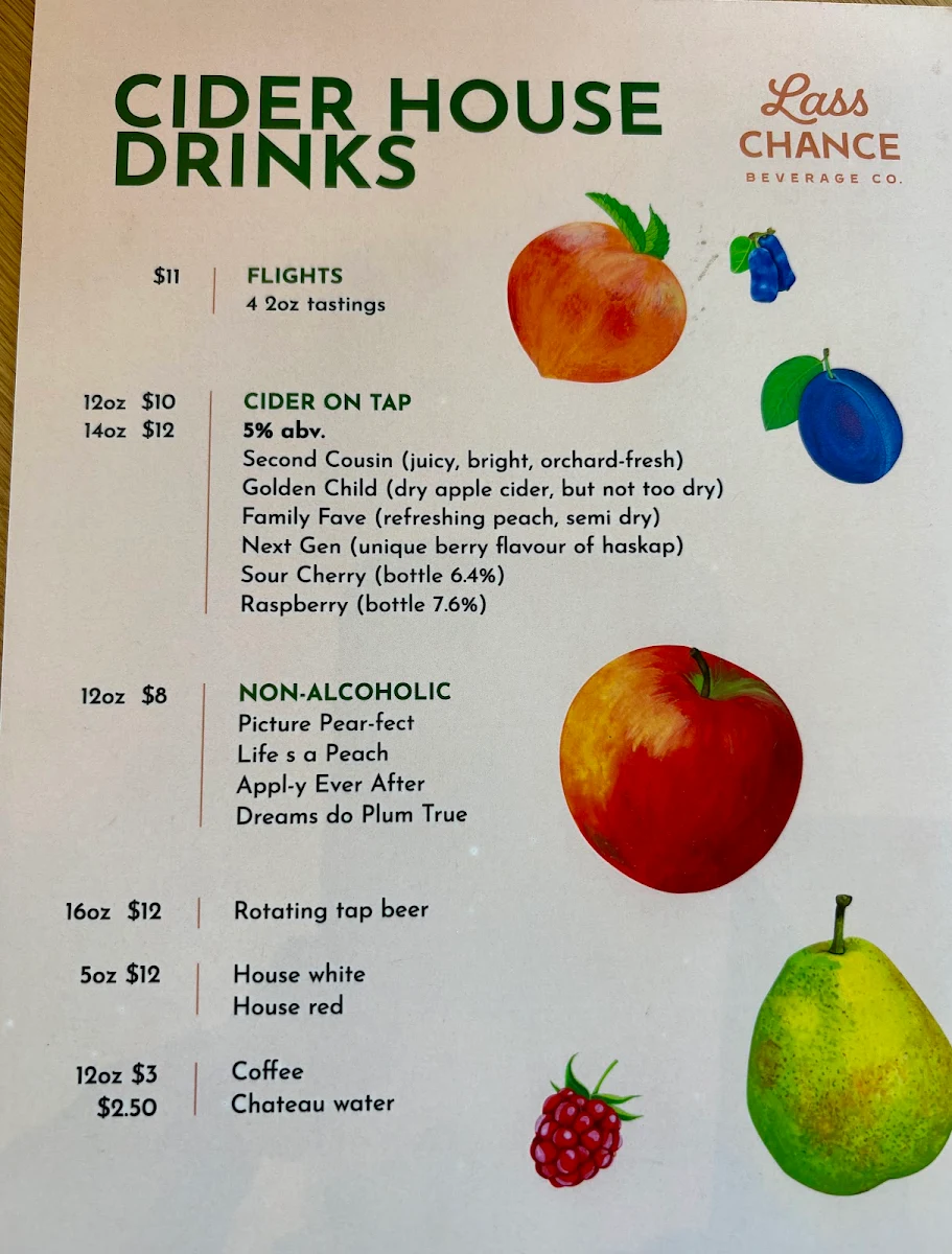 Menu, Lass Chance Beverage Co.