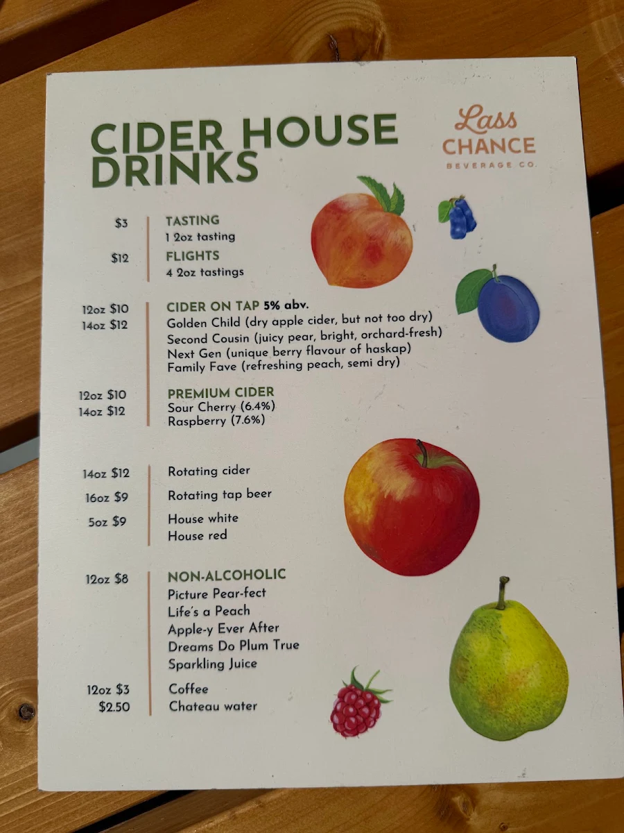 Menu, Lass Chance Beverage Co.