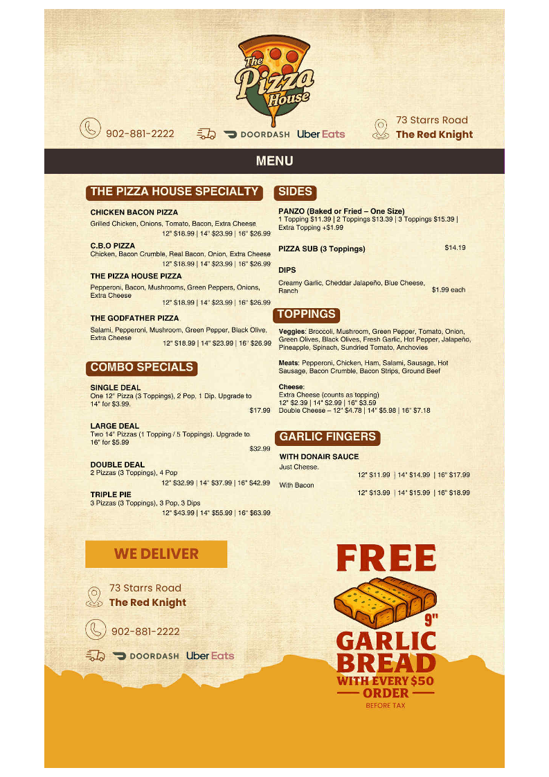 Menu, The Pizza House