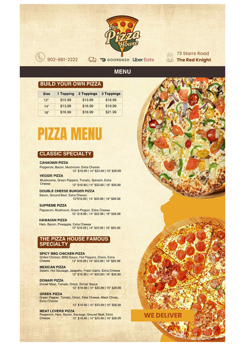Menu, The Pizza House