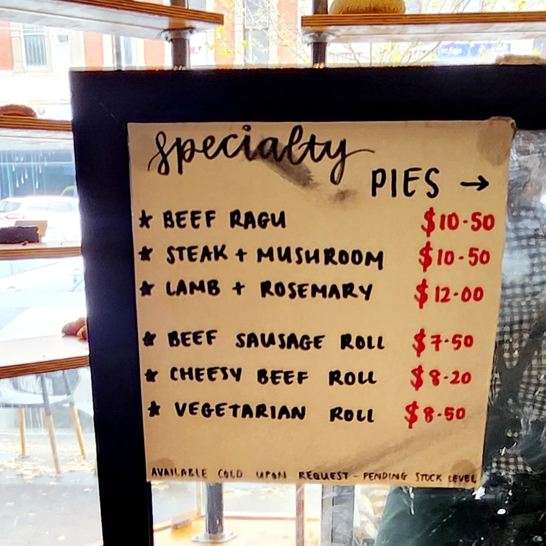 Menu, 1816 Bakehouse