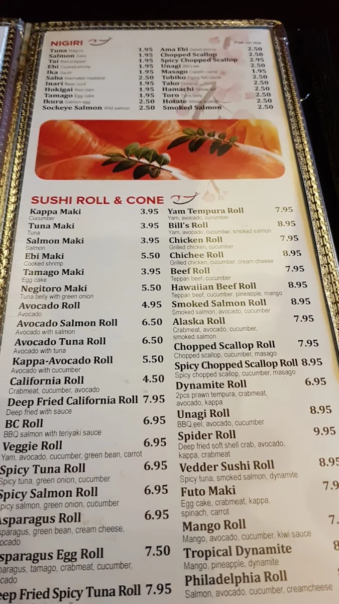 Menu, Vedder Sushi & Japanese Restaurant