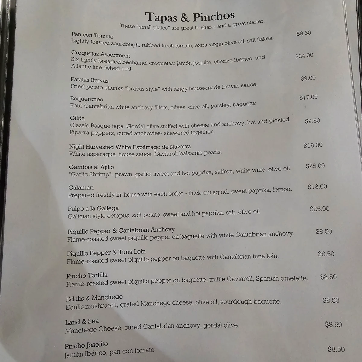 Menu, Little Barcelona