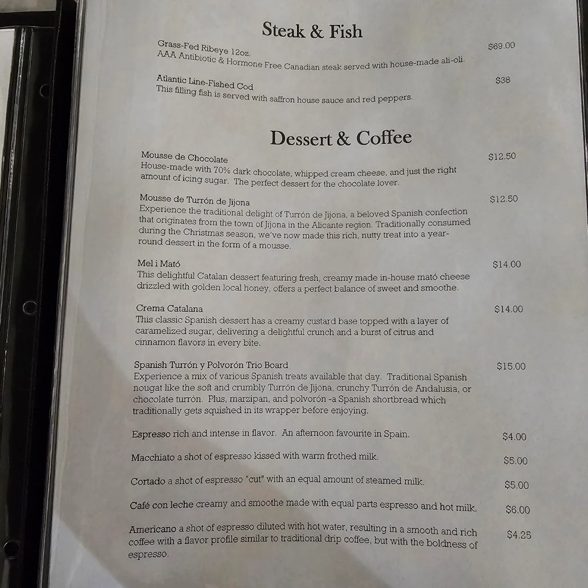 Menu, Little Barcelona