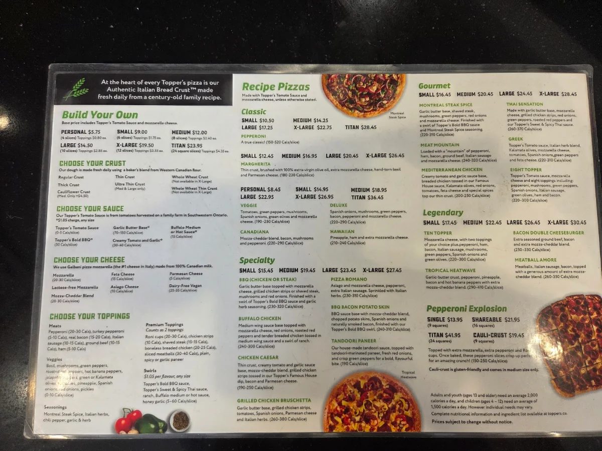 Menu, Topper's Pizza — New Liskeard