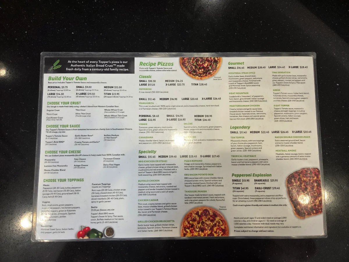 Menu, Topper's Pizza — New Liskeard
