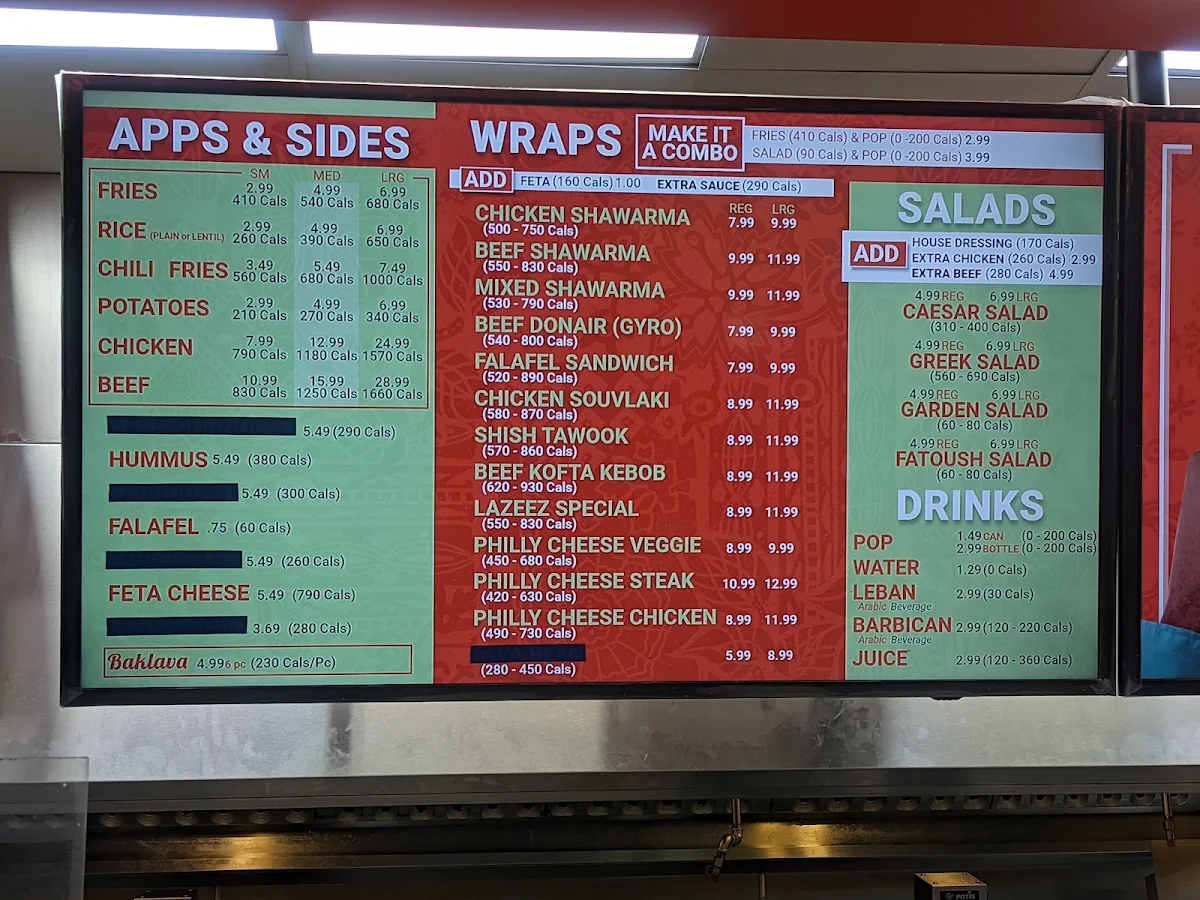 Menu, Lazeez Shawarma