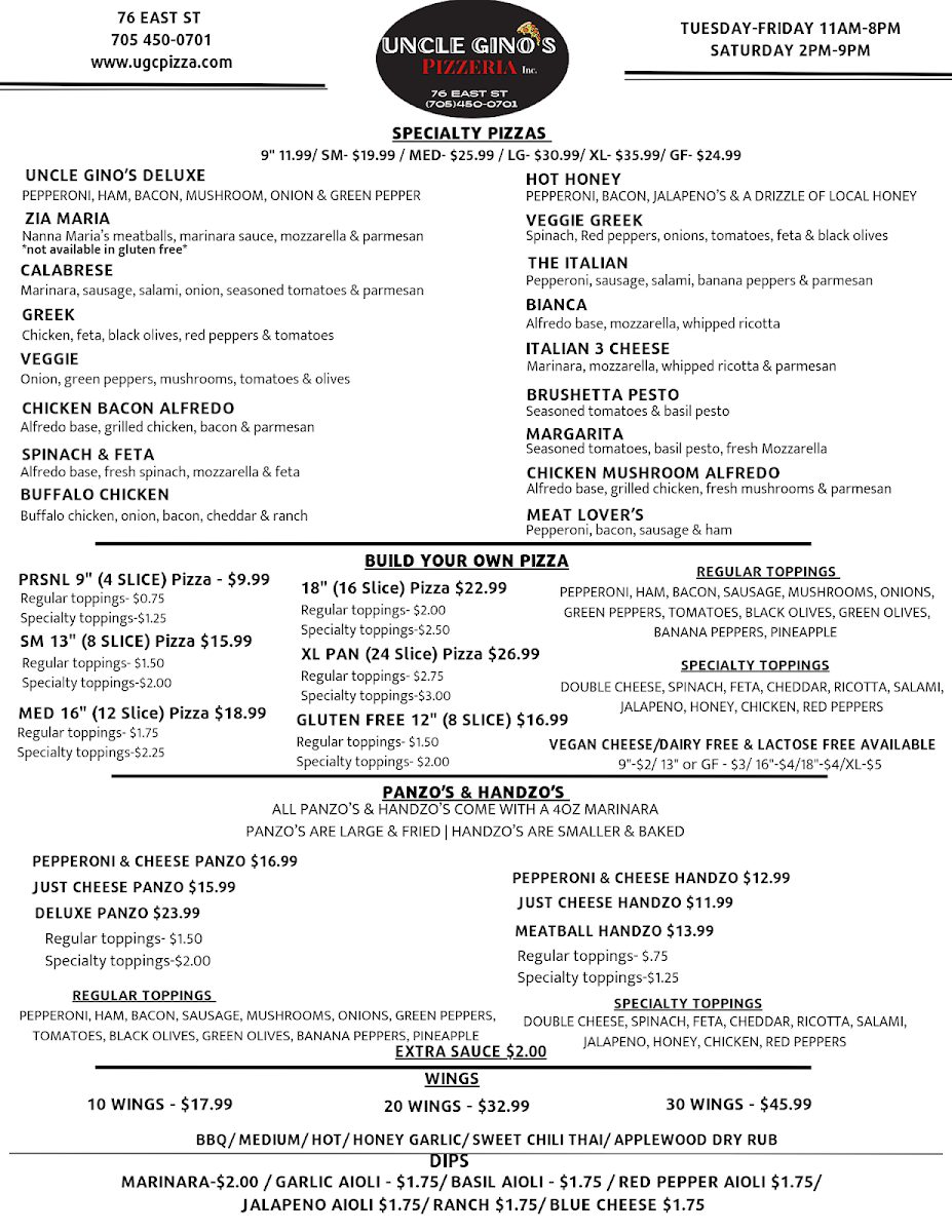 Menu, Uncle Gino's Pizzeria