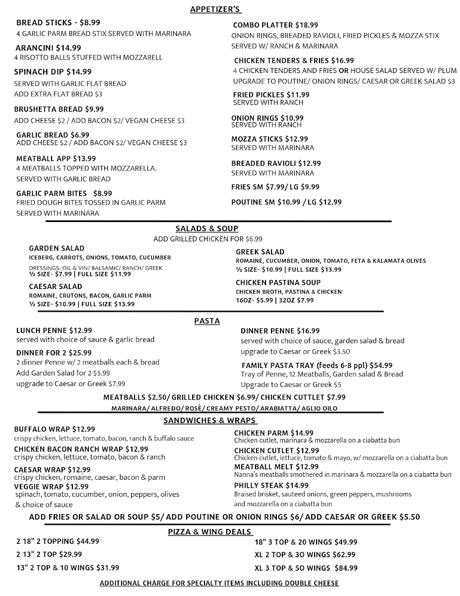 Menu, Uncle Gino's Pizzeria