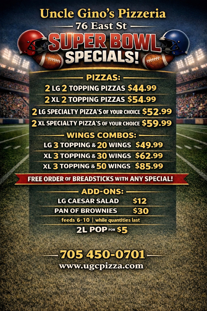 Menu, Uncle Gino's Pizzeria