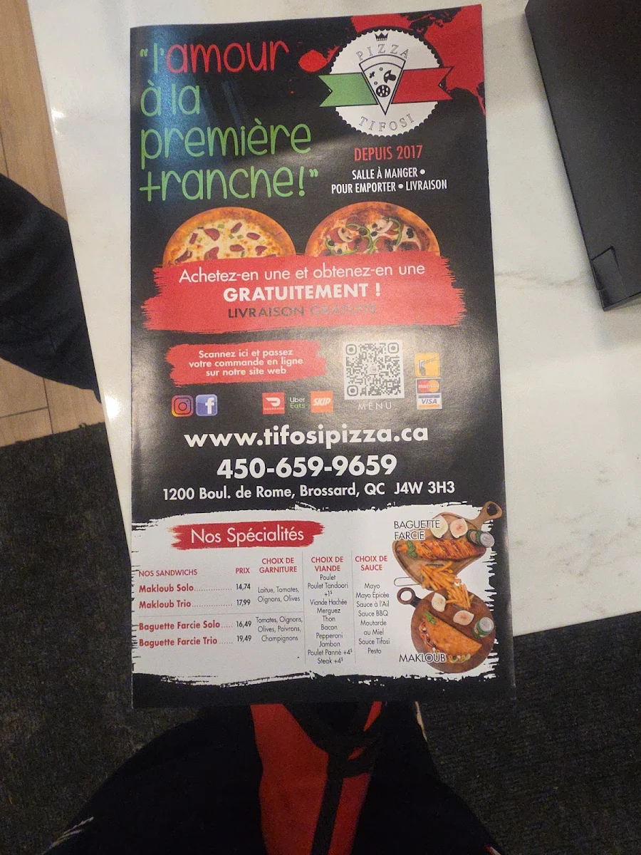 Menu, Pizza Tifosi