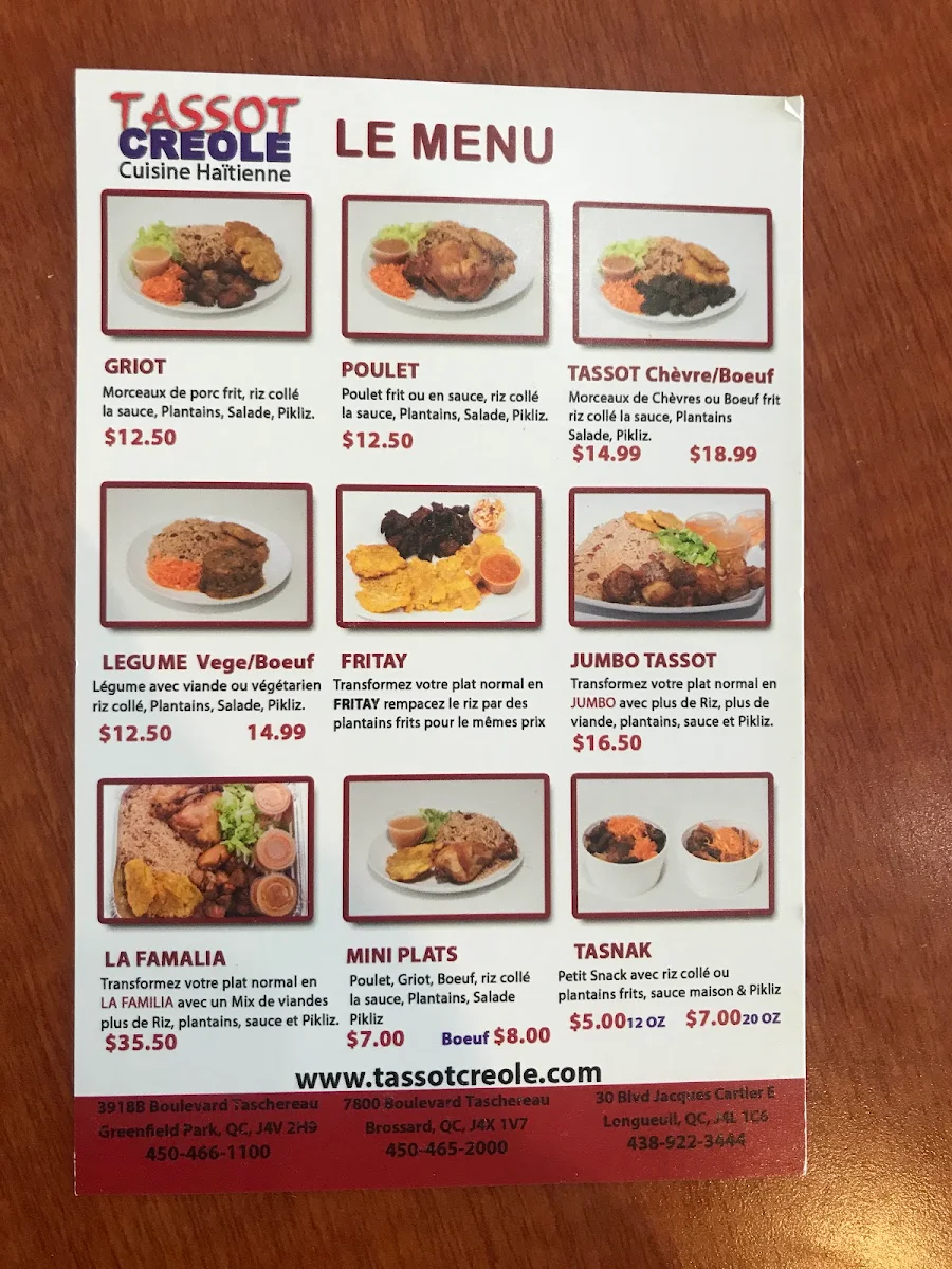 Menu, Tassot Créole (Longueuil)