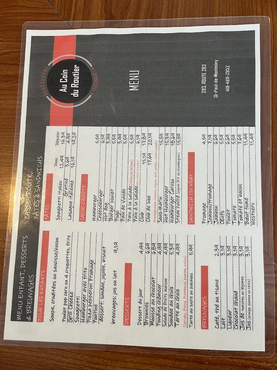 Menu, Casse-croûte Au Coin Du Routier