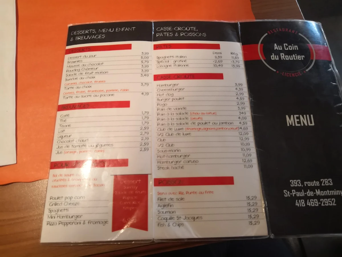 Menu, Casse-croûte Au Coin Du Routier