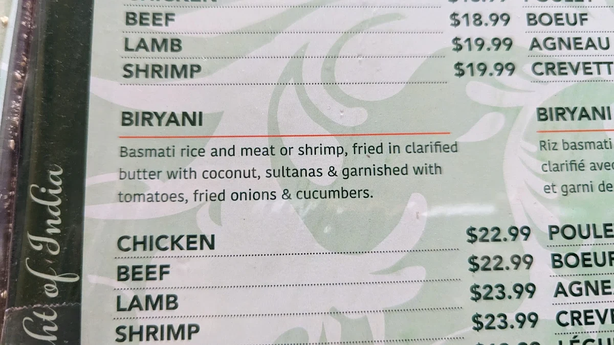 Menu, Light of India Restaurant