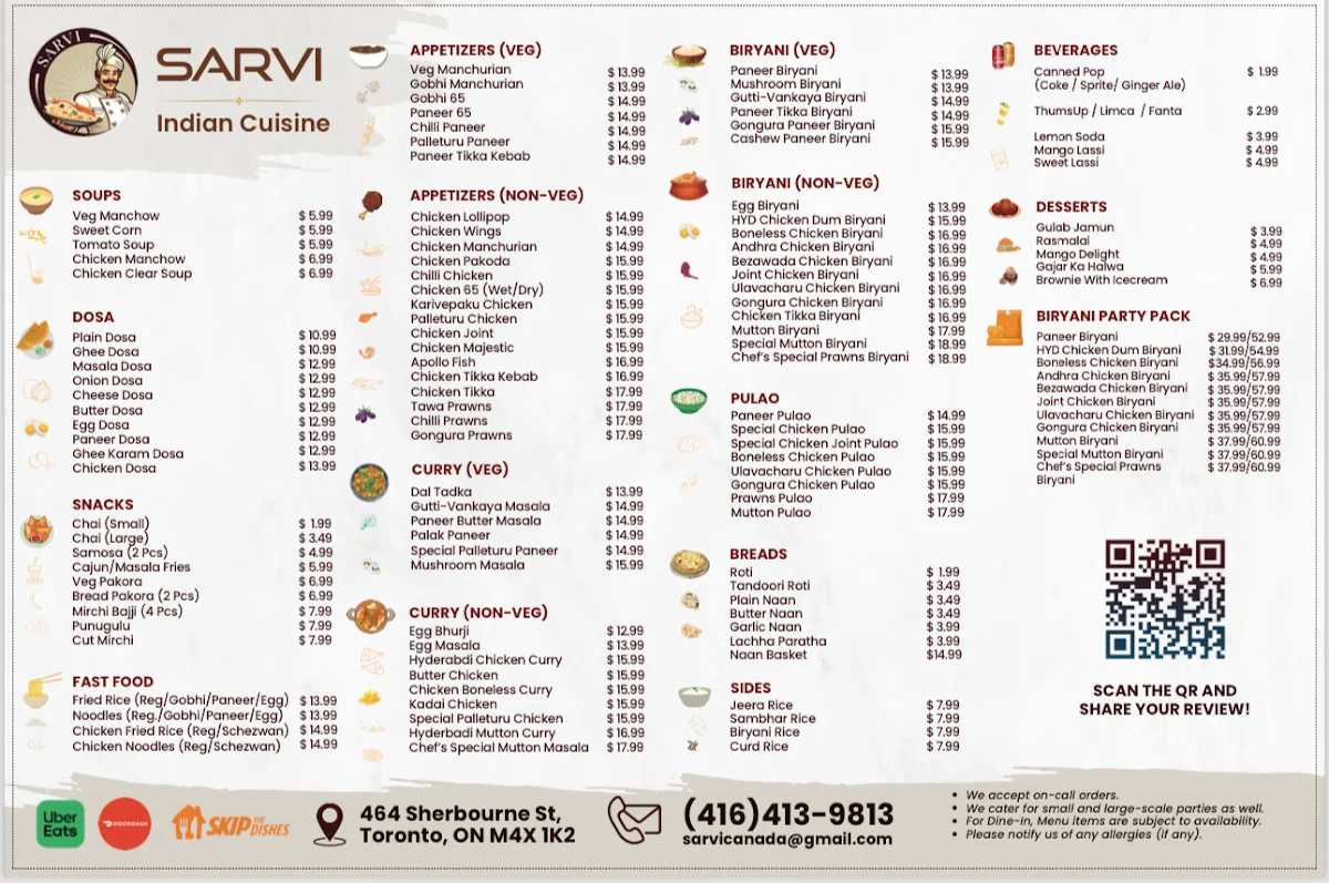 Menu, Sarvi Indian Cuisine