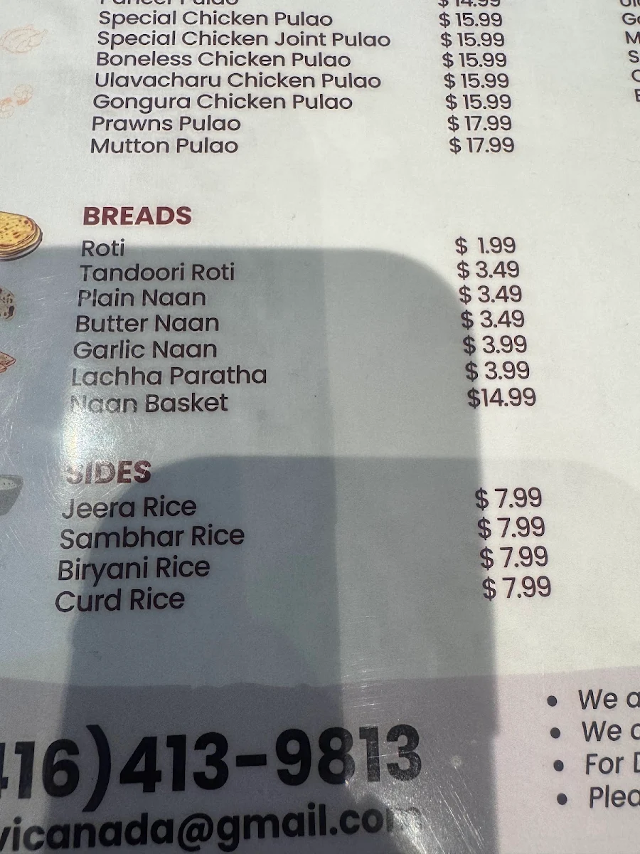 Menu, Sarvi Indian Cuisine