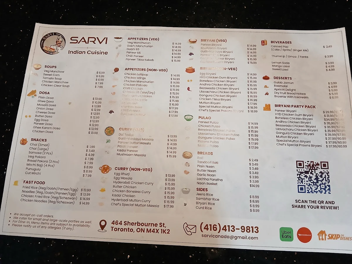Menu, Sarvi Indian Cuisine