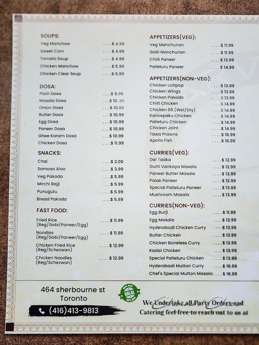 Menu, Sarvi Indian Cuisine