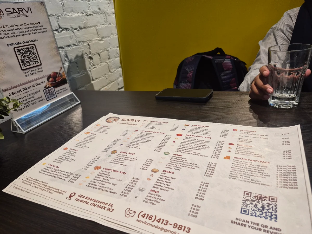 Menu, Sarvi Indian Cuisine