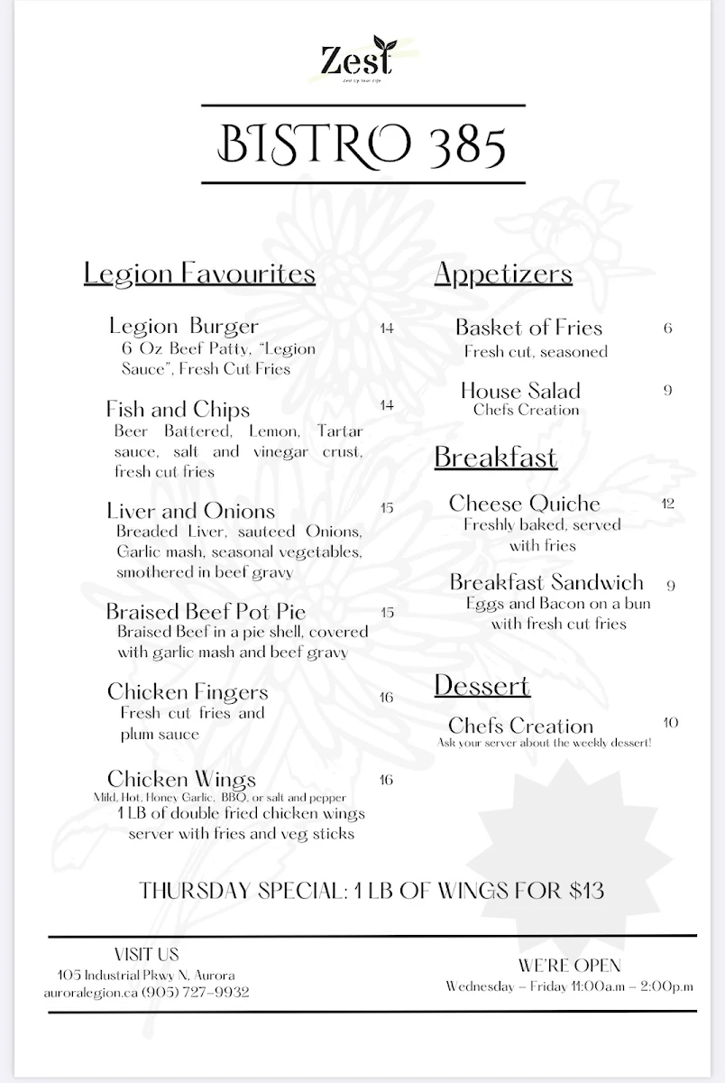 Menu, Bistro 385