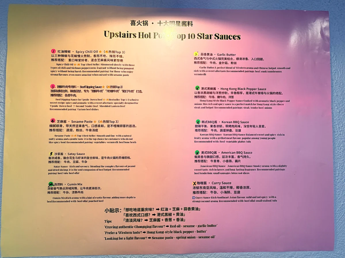 Menu, Upstairs Hot Pot (Richmond)