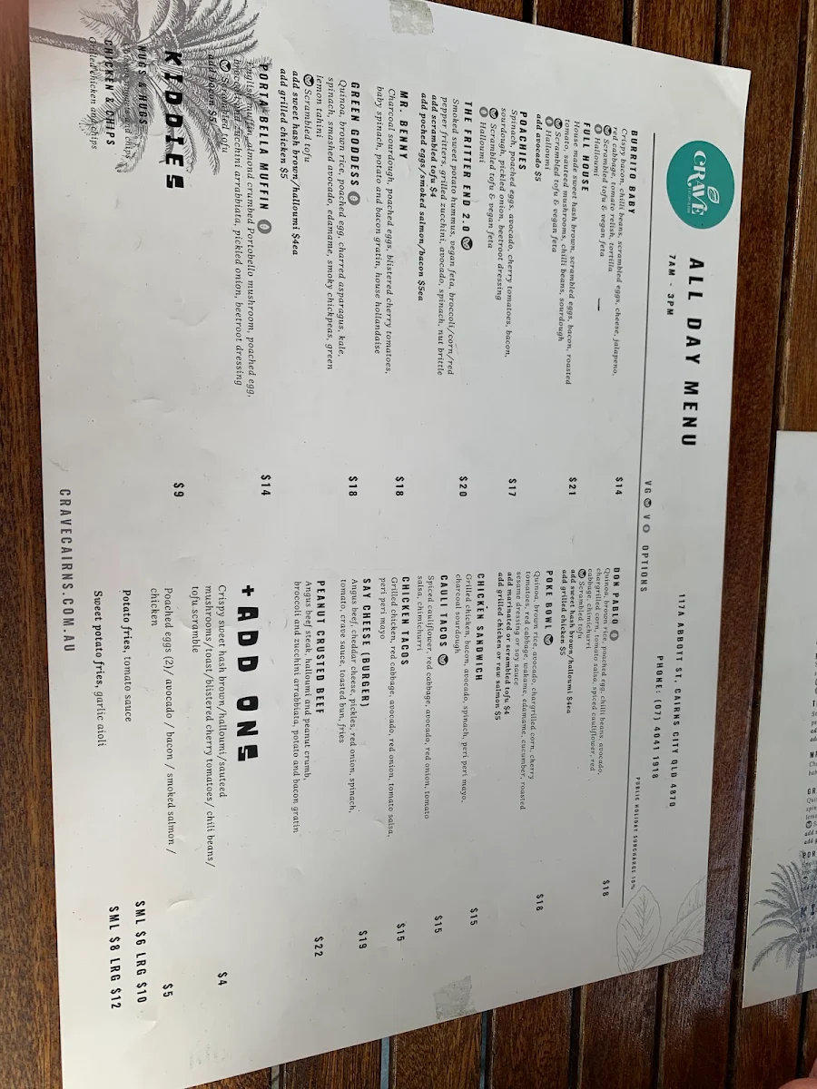 Menu, Crave Cairns