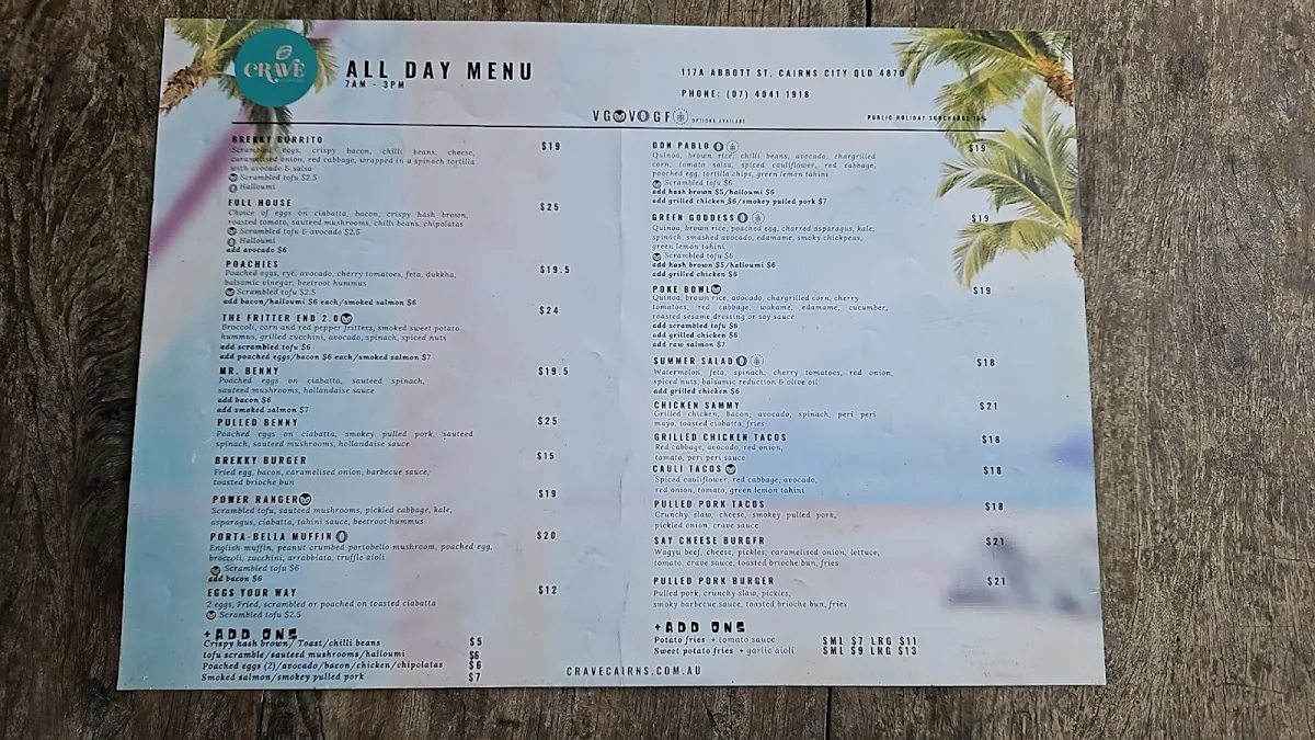Menu, Crave Cairns