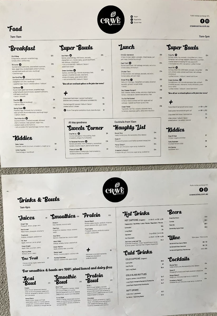 Menu, Crave Cairns