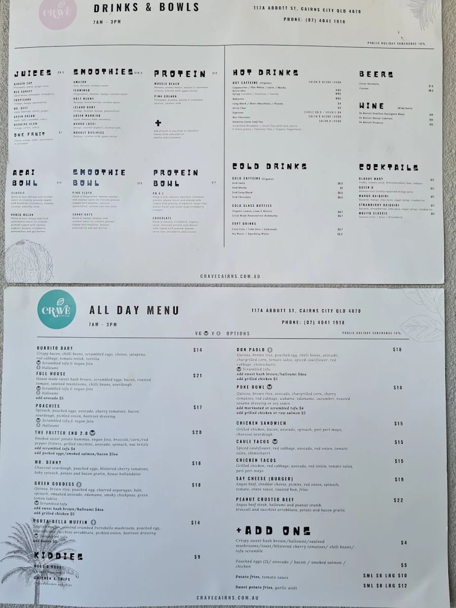 Menu, Crave Cairns