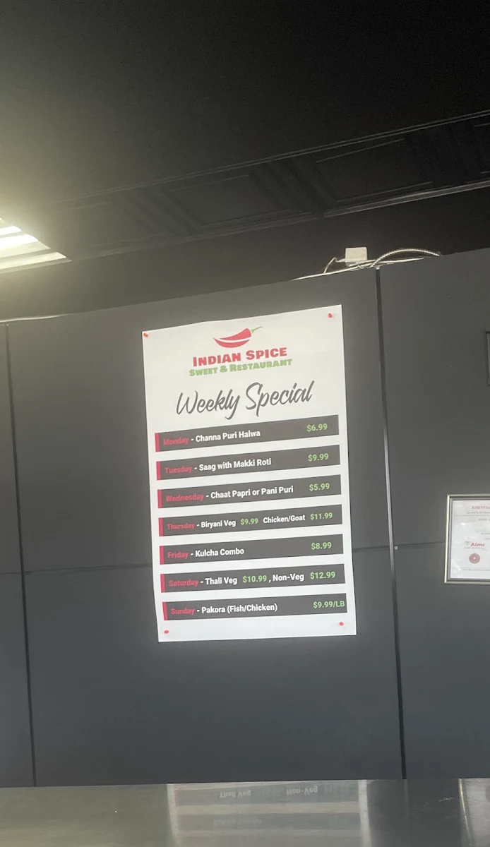 Menu, Indian Spice Sweets & Restaurant
