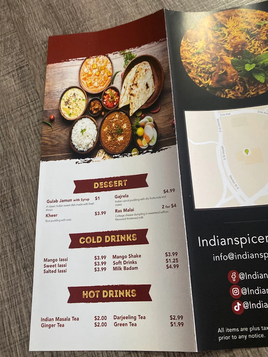 Menu, Indian Spice Sweets & Restaurant
