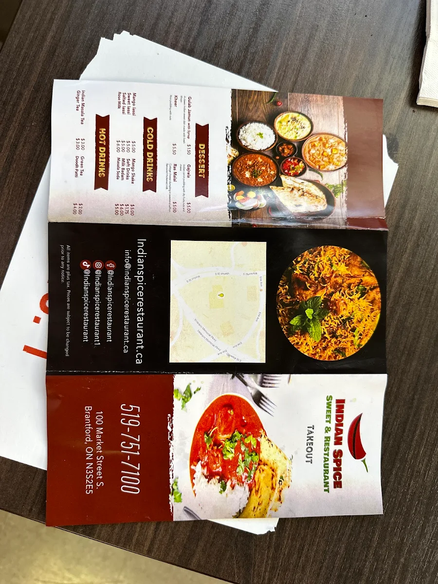 Menu, Indian Spice Sweets & Restaurant