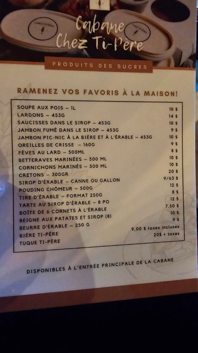 Menu, Cabane à Sucre Chez Ti-Père