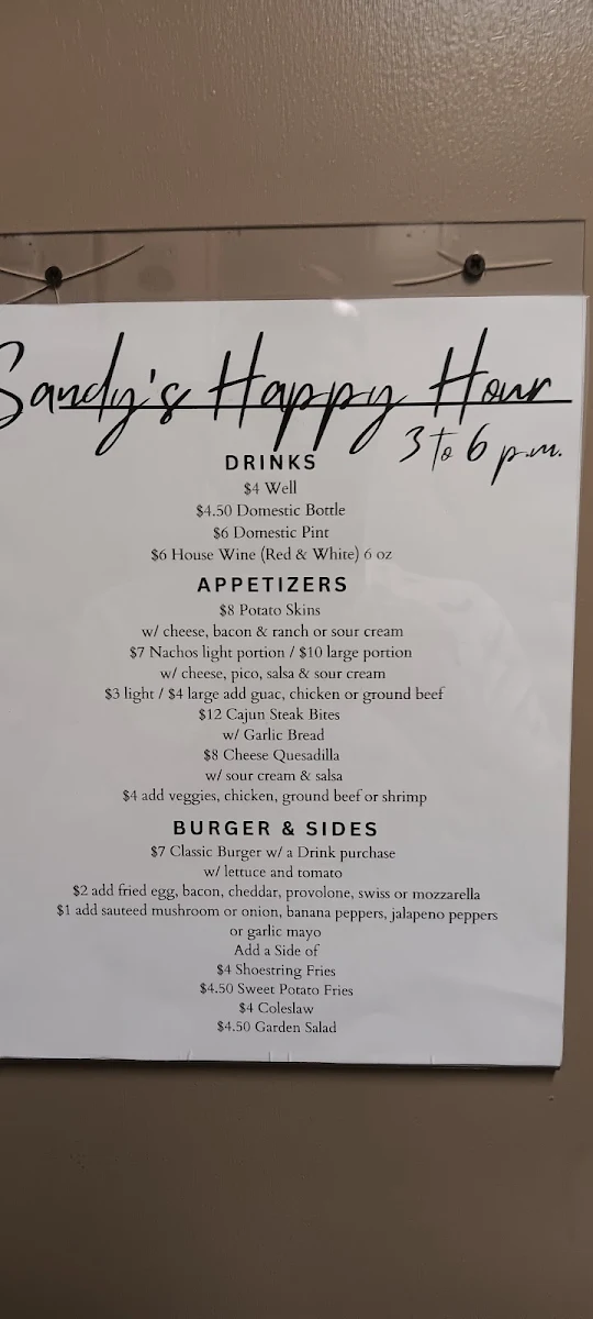 Menu, Sandy's Riverside Grill